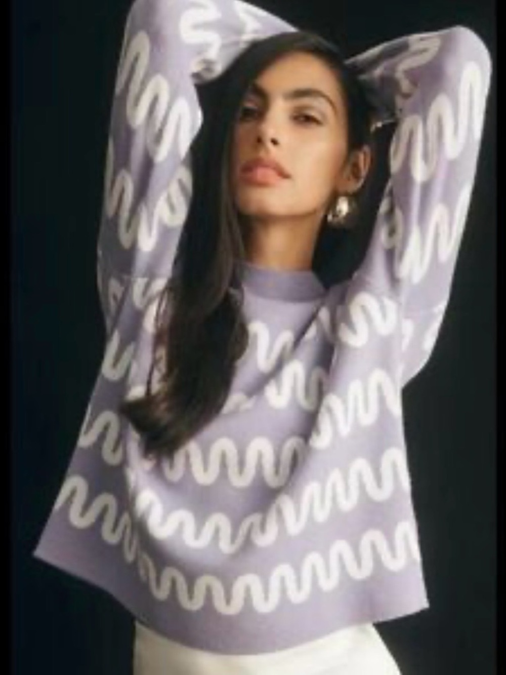 Maeve Lilac Crewneck Sweater with White Wave Pattern